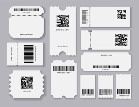 Empty tickets template. Set blank concert ticket, lottery coupons. Event coupon or cinema movie theater cards. Festival or circus paper empty flyers. Vector isolated illustrationのイラスト素材