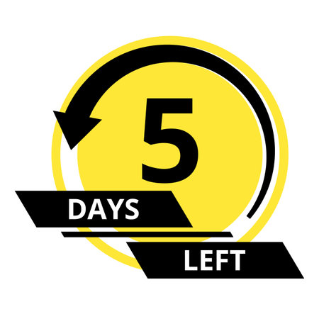Countdown of days. Number 5 of days left to go. Promotional banner. Price offer promo deal timer, five day only. Stylized counter in black and yellow colorsのイラスト素材