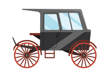 Carriage cartoon. Vintage transport with old wheels. Antique transportation of royal coach, chariot or wagon for traveling. Cab - wedding carriage. Retro cart icon designのイラスト素材
