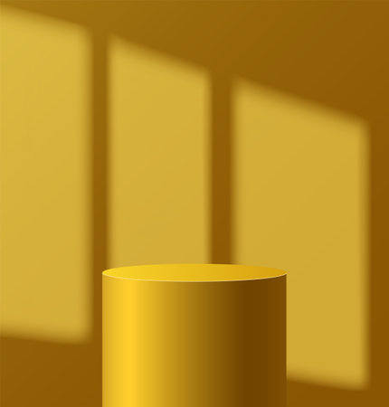 Light podium with shadow from window on wall. Abstract empty room with yellow color cylinder stand pedestal. Vector stage for showcase, display presentation. Studio room conceptのイラスト素材