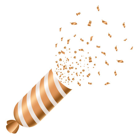 Party poppers with spraying confetti and streamer. Golden festive decoration element of paper and tinsel isolated on white background. Vector holiday event attributeのイラスト素材
