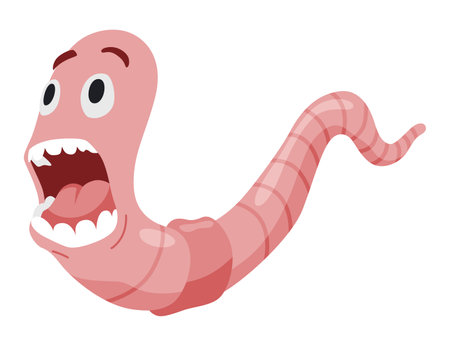 Funny worm. Pink crawler scared. Earth worm cartoon character, wildlife nature. Insect for kids illustrationのイラスト素材