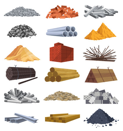 Building materials. Construction concept. Illustrations can be used for construction sites or illustrate renovation works. Bricks, planks, metal, sand and stone pipes vector setのイラスト素材