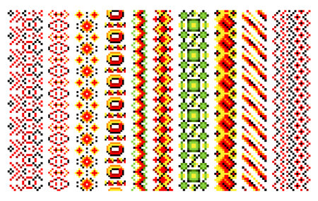 Ukrainian traditional embroidery. Set of patterns for cross stitching decoration. Cross-stitch traditional folk. Vector illustration of ethnic seamless ornamental geometric designのイラスト素材