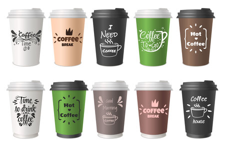 Coffee cups lettering set. Phrase about Coffee to go. Typography quote design. Hot street drinks, cardboard packaging plastic capのイラスト素材