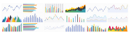 Business graphs. Vector flat design infographic elements collection. Various bar charts or diagrams for data visualization. Statistics icon for finance presentation, data analysis or stats toolsのイラスト素材