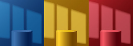Light podium with shadow from window on wall. Abstract empty room with set of red, yellow and blue color cylinder stand pedestal. Vector stage for showcase, display presentation. Studio room conceptのイラスト素材