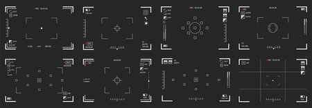 Viewfinders video recording. Camera focusing screen set. Black screen cameras with video shooting parameters, video quality indicators. Digital zoom recording for modern bloggers, vector illustrationのイラスト素材