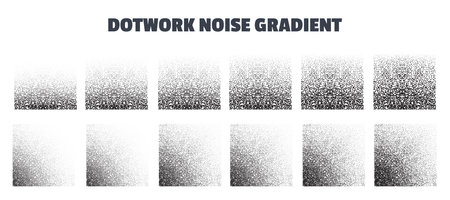 Dotwork noise gradient vector background set. Black noise stipple dots. Sand grain effect. Abstract grunge spray bannerのイラスト素材