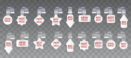 Promotional wobblers mockup set. Price tags hang on wall. Supermarket sale promotion pointing wobbler. Sale or discount label, special offer price tagのイラスト素材