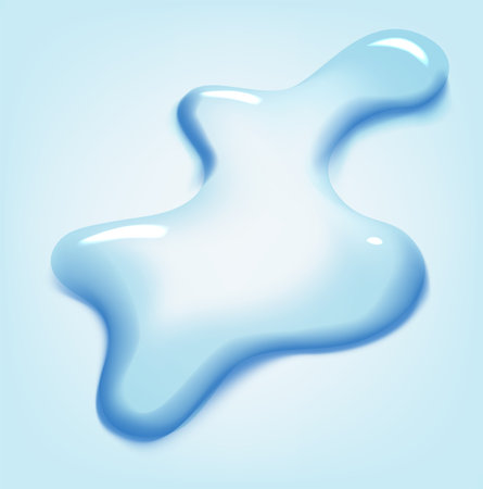 Water puddle drop. Top view liquid splashes, wet environment. Water spill or aqua scattered drop isolated on blue backgroundのイラスト素材