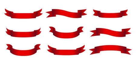 Heraldic red ribbon banner set. Collection flags, decorative elements, labels or streamers. Vector illustration isolated on white backgroundのイラスト素材