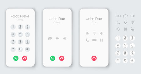 Smartphone dial phone ui set. Phone number pad, call screen with keypad and dial buttons. Mockup incoming call. Vector isolated illustration touchscreen telephone interfaceのイラスト素材