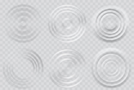 Water ripple effect top view set. Realistic caustic drop or sound wave splash effects, concentric circles in puddle. Vector set round wave surfaces on transparent backgroundのイラスト素材