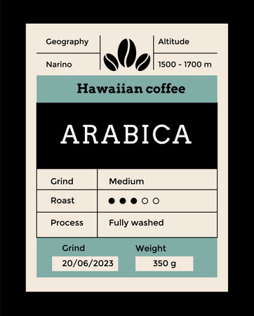 Coffee label mockup. Food package cover design. Caffeine roasted beans packaging. Vintage pack label emblem with minimalistic graphic grid layout. Vector brand tagのイラスト素材