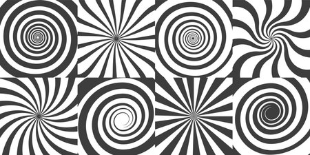 Comic swirl backgrounds. Swirl radial pattern or abstract sunburst wallpaper. Vertigo patterns. Abstract rays, vector illustrationのイラスト素材