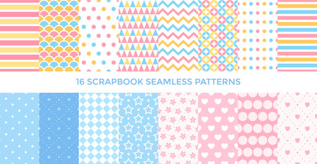 Baby textile seamless pattern collection. Set of geomteric sweet, stripe vector background. Wallpaper cover, scrappbooking paper or fabric cloth. Bright colorful childish geometry shapesのイラスト素材