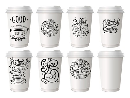 Coffee to go lettering on disposable cups set. Lettering emblems quotes text set. Hot street drinks cardboard packaging plastic or paper caps diversity. Trendy and bright graffiti styleのイラスト素材