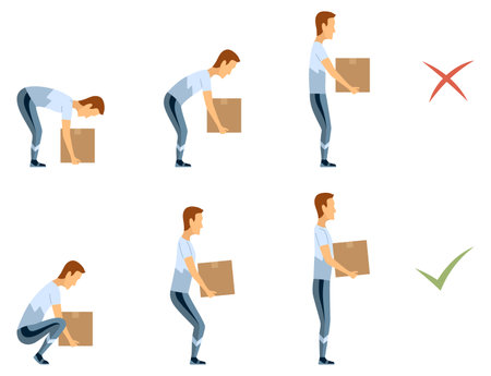 Lifting technique safe movement. Safety. Correct and incorrect instruction for moving heavy packages for workers. Ergonomic movement for loading objects vector flat illustrationのイラスト素材