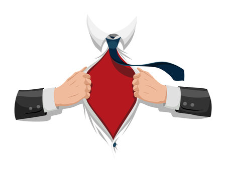 Opening shirt superhero. Office worker or businessman tearing his shirt to show text in flat cartoon style. Business success concept in pop art comic style. Vector illustrationのイラスト素材