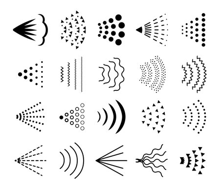 Spray steam icons set. Aerosol haze, scatter gas or deodorant cloud. Sprinkle stream pictograms for sanitizer diffuser or spraying water, perfume, paint or deodorantのイラスト素材