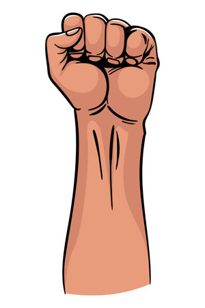 Rised fist hand gesture emblem. Vector hand clenched into fist and rising up, symbol isolated on white background. Power sign. Human hand up in the airのイラスト素材