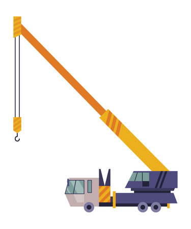 Hoisting crane icon. Construction crane. Equipment in flat style. Yellow industrial heavy machine. Lifter doing heavy liftingのイラスト素材
