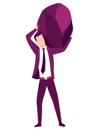 Businessman with boulder vector illustration. Stressed mans carry heavy stone on shoulder overwhelmed with problem or task. Crisis problem of business people, burden, challenge, conquering conceptのイラスト素材