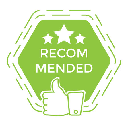 Recommend badge. Colorful tag design with thumb up, isolated on white background. Recommendation and approval of production, isolated label. Promotional bright banner, premium qualityのイラスト素材
