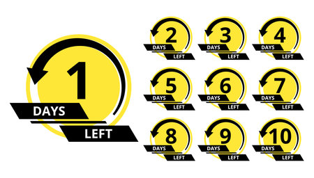 Countdown of days. Number 1, 2, 3, 4, 5, 6, 7, 8, 9, 10, of days left to go. Promotional banners. Price offer promo deal timer, few day only. Stylized counter in black and yellow colorsのイラスト素材