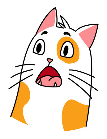 Cat expression. Cartoon pet with cute emotion, creative emoji of home animal. Vector illustration of funny mood of cat with big eyesのイラスト素材