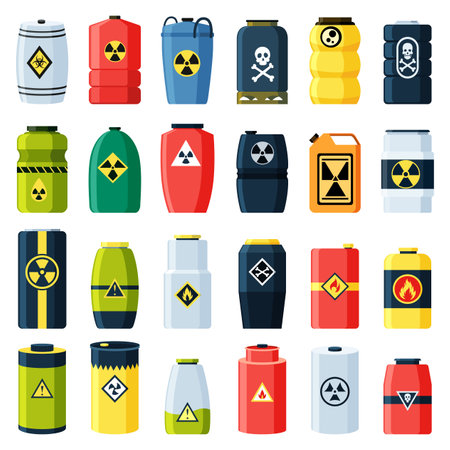 Toxic chemical barrels. Steel tanks with radioactive waste. Containers with oil drop, crossbones, radiation and biohazard icons in flat style. Dangerous substance. Storage of nuclear componentsのイラスト素材