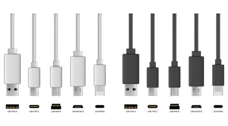 Usb cable connectors. Realistic vector set of phone jacks for cabling in white and black color. Cable for charging or transmitting information for modern electronic devicesのイラスト素材