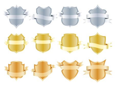 Heraldic blank shields icon with ribbon. Security illustration sign collection. Knight award symbols. Medieval royal vintage badges isolated on whiteのイラスト素材