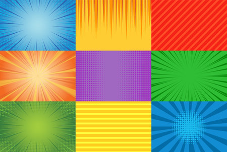 Comic book page template in pop-art style. Colorful empty background. Halftone colored blank frames. Vector illustrationのイラスト素材