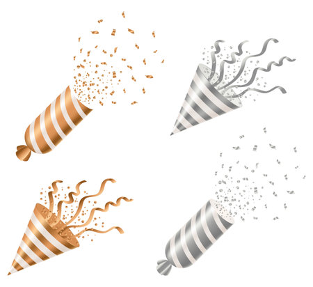 Party poppers with spraying confetti and streamer. Golden festive decoration element of paper cone and tinsel isolated on white background. Vector holiday event attributeのイラスト素材