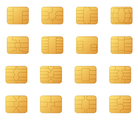 Sim card types icon set isolated. Smart cellular wireless communication gsm chip, electronics and telecommunication microchip design on white. Vector mobile technologyのイラスト素材