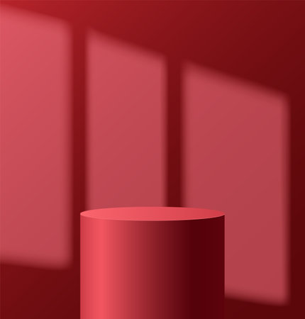 Light podium with shadow from window on wall. Abstract empty room with red color cylinder stand pedestal. Vector stage for showcase, display presentation. Studio room conceptのイラスト素材