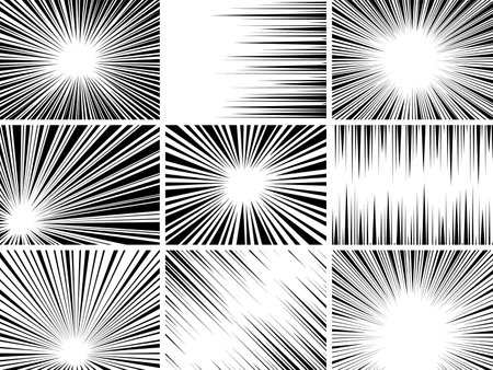 Comic book speed lines set, explosion effect. Abstract radial zoom speed light, motion background set. Mega speed frames. Vector illustration on white backgroundのイラスト素材