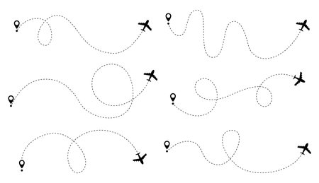 Airplane dotted route line set. Path travel line shapes. Flight route with start point and dash line trace for plane isolated vector illustrationのイラスト素材