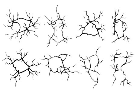 Ground cracks, breaks on land surface from earthquake isolated on white background. Vector realistic set of fissure, crevices from disaster or drought, black fractures top viewのイラスト素材