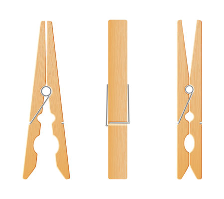 Clothes pin set. Realistic wooden peg for housework and laundry. Wooden clips for clothes to line. Vector illustration of clothespinのイラスト素材