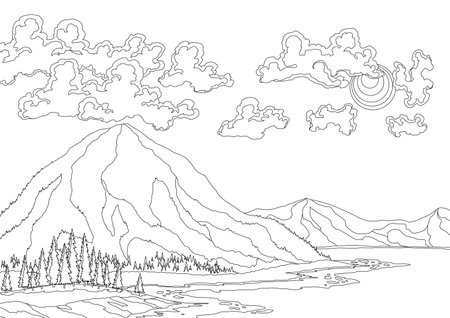 Water cycle in coloring style. Earth hydrologic process. Environmental circulation scheme with rain precipitation, cloud condensation, evaporation and runoff collectionのイラスト素材