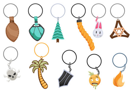 Keychain keyholder, icon set. Cartoon color different types of key ring, chain round holders or metal trinket. Modern keys pendants. Home rental or real estate concept. Vector illustrationのイラスト素材