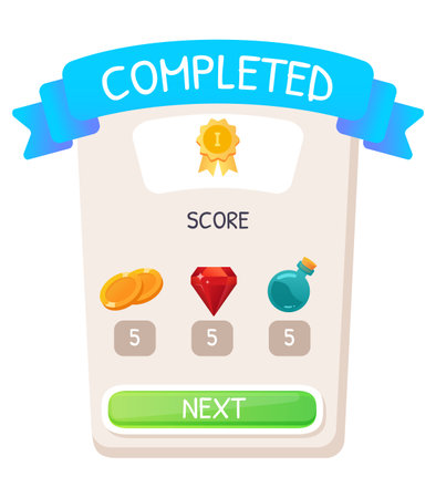 Game UI button. Mobile application or game interface element. Cartoon colorful design. Sticker or label for user interfaceのイラスト素材