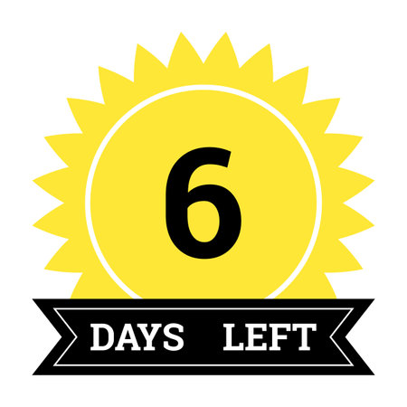 Countdown of days. Number 6 of days left to go. Promotional banner. Price offer promo deal timer, six day only. Stylized counter in black and yellow colorsのイラスト素材