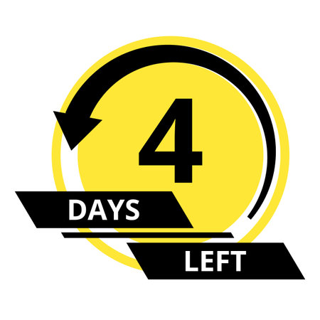 Countdown of days. Number 4 of days left to go. Promotional banner. Price offer promo deal timer, four day only. Stylized counter in black and yellow colorsのイラスト素材