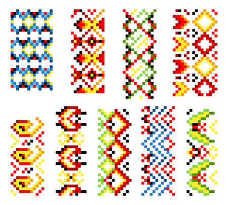 Ukrainian traditional embroidery. Set of patterns for cross stitching decoration. Cross-stitch traditional folk. Vector illustration of ethnic seamless ornamental geometric designのイラスト素材