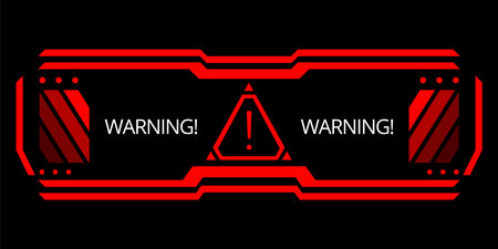 Hud danger alert. Attention vector red interface sign, warning or caution UI. Tech or digital cyber frame. System failure or danger zoneのイラスト素材