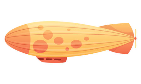 Zeppelin passenger airship. Bright colored cigar shaped balloon or retro zeppelin with stripes cabin for people elongated. Huge balloon with helium for free travel tourism. Vector cartoon artのイラスト素材
